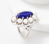 Sterling Silver Lapis & Cultured Pearl Gemstone Ring Size 10